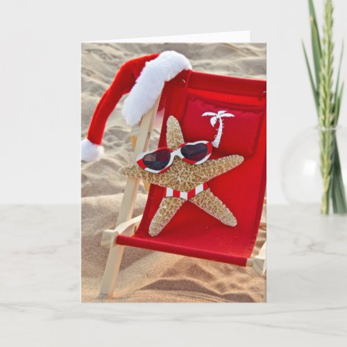 Starfish in beach chair with Santa hat Holiday Card