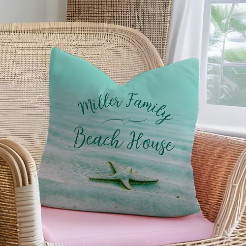 Starfish In Sand Nautical Aqua Family Beach House Throw Pillow