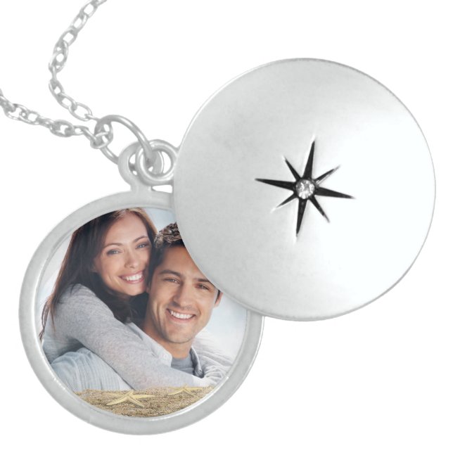 starfish in sand with personal photo locket necklace (Front)