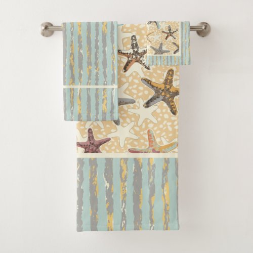 Starfish in the Sand with Seaweed Stripes Bath Towel Set