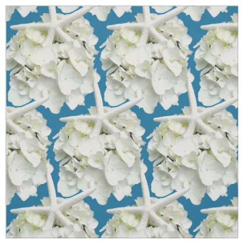Starfish in White Hydrangeas Floral Pattern Fabric