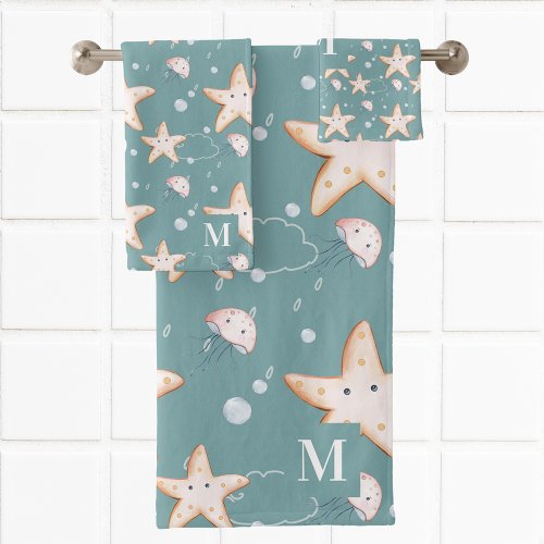 Starfish jellyfish green dark cyan monogram bath towel set