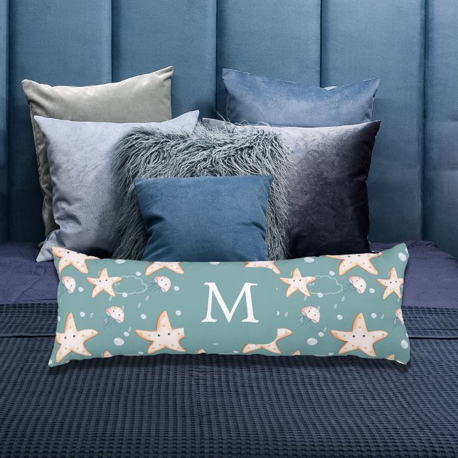 Starfish jellyfish green dark cyan monogram body pillow (Creator Uploaded)