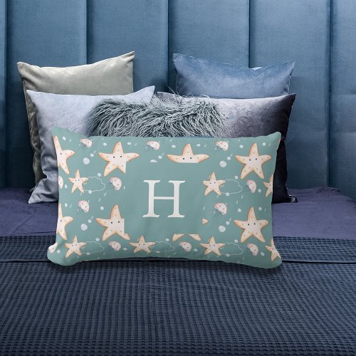 Starfish jellyfish green dark cyan monogram lumbar pillow