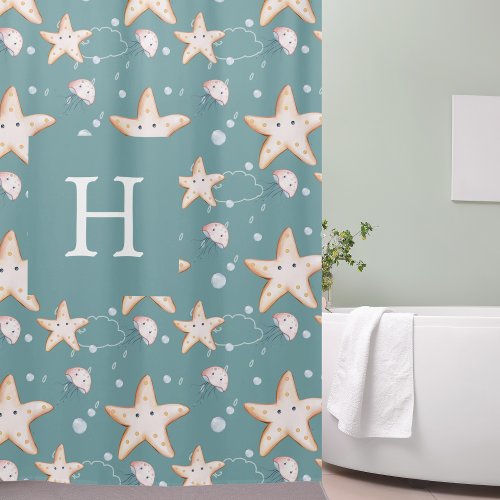 Starfish jellyfish green dark cyan monogram shower curtain