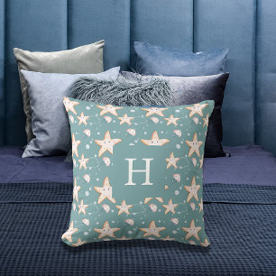 Starfish jellyfish green dark cyan monogram throw pillow