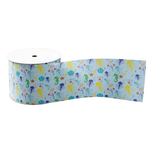 Starfish Jellyfish Seahorses Shell DIY BG Lt Blue Grosgrain Ribbon (Spool)