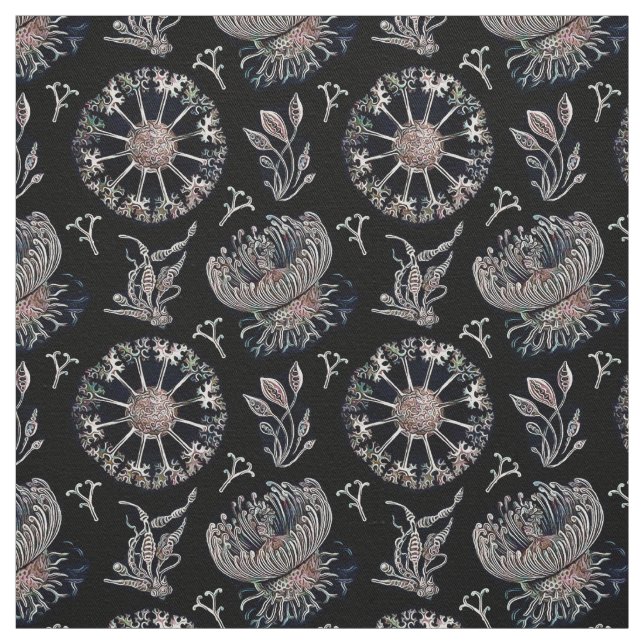 Starfish Jellyfish Seaweed Black Pattern Fabric (Swatch)