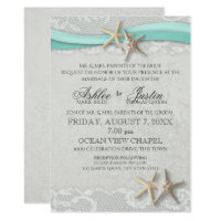Starfish Lace Grey and Aqua Wedding Invitation
