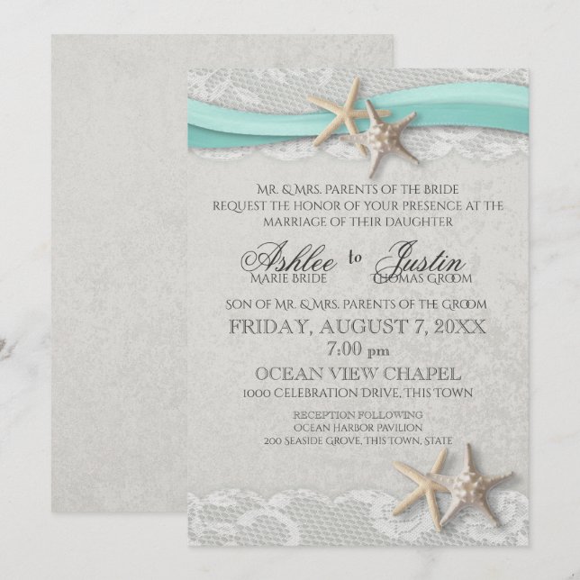 Starfish Lace Grey and Aqua Wedding Invitation (Front/Back)