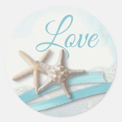 Starfish Love Ocean Blue Ribbon and Lace Classic Round Sticker