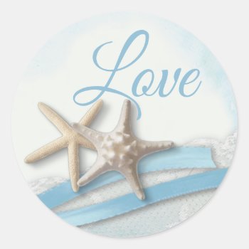 Starfish Love Sky Blue Ribbon And Lace Classic Classic Round Sticker by happygotimes at Zazzle