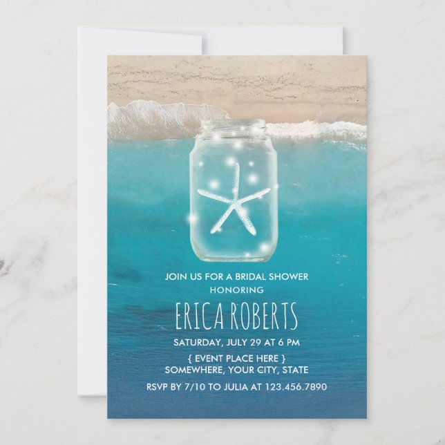 Starfish Mason Jar Tropical Beach Bridal Shower Invitation (Front)