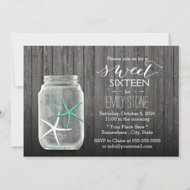Starfish & Mason Jar Wood Background Sweet 16 Invitation (Front)