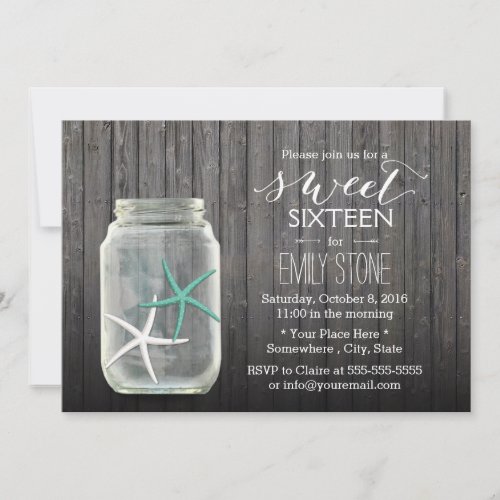 Starfish &amp; Mason Jar Wood Background Sweet 16 5x7 Paper Invitation Card