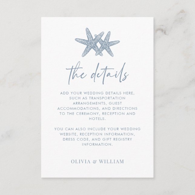 Starfish Modern Dusty Blue Beach Wedding Details Enclosure Card (Front)