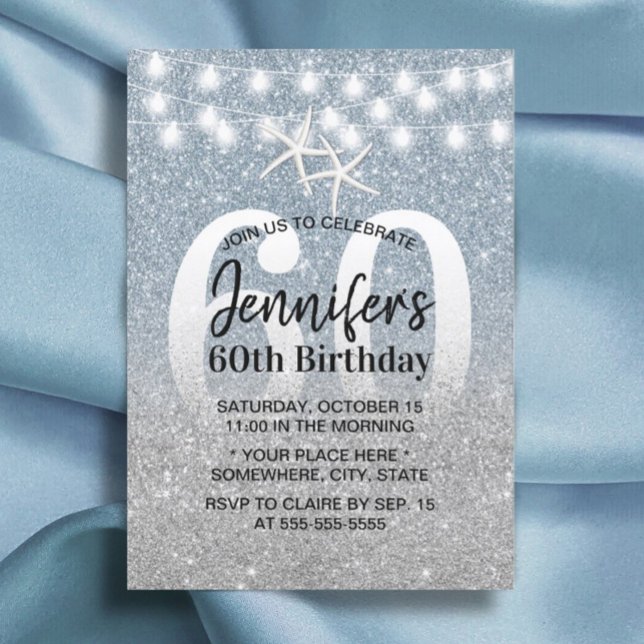Starfish Modern Dusty Blue Glitter 60th Birthday Invitation (Creator Uploaded)