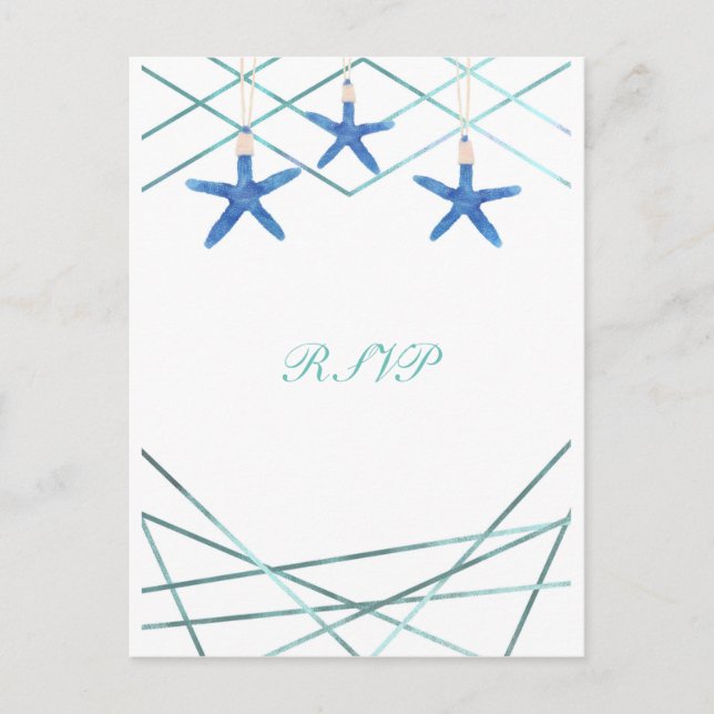 Starfish & Modern Line Elegant Beach Wedding RSVP Invitation Postcard (Front)