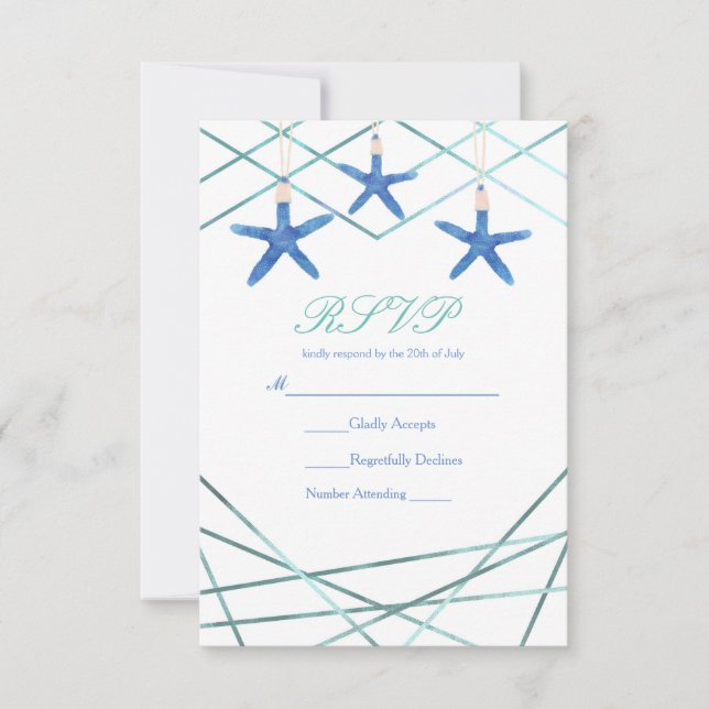 Starfish & Modern Lines Elegant Beach Custom RSVP Card (Front)