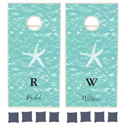 Starfish Monogram Family Glitter Sparkle Teal Blue Cornhole Set