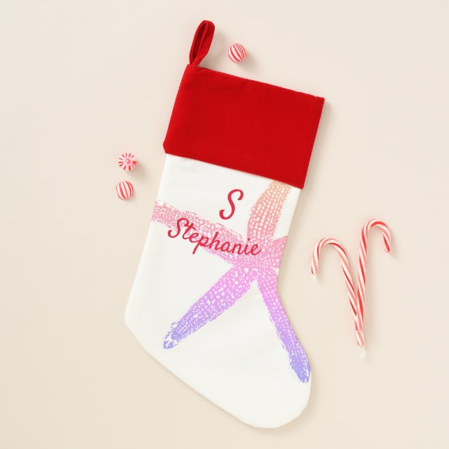 Starfish Monogram Initial Name Christmas Pink Christmas Stocking (Front)