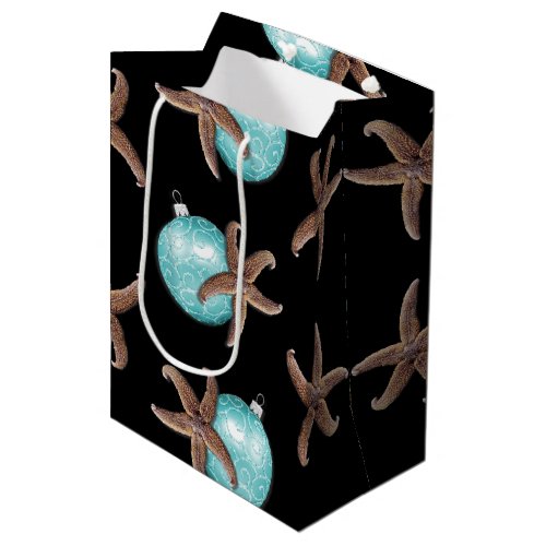 Starfish n Aqua Ornaments Black Christmas Medium Gift Bag