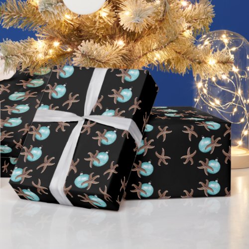 Starfish n Aqua Ornaments Black Christmas Wrapping Paper