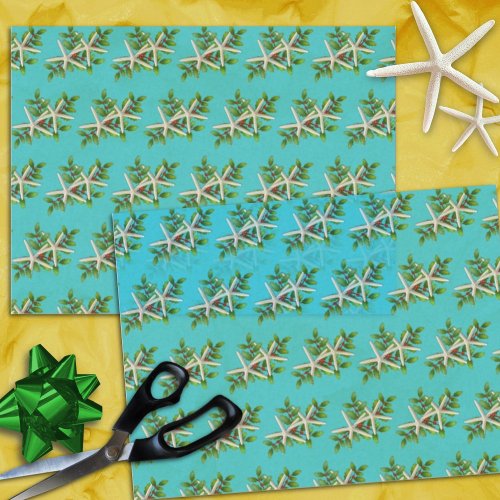 Starfish n Holly Aqua Blue Christmas  Tissue Paper
