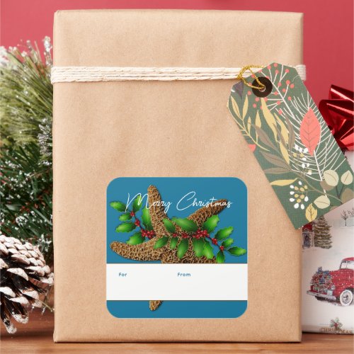 Starfish n Holly Blue Christmas Gift Giving Labels