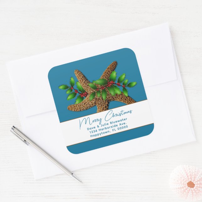 Starfish n Holly Blue Christmas Return Address Square Sticker (Envelope)