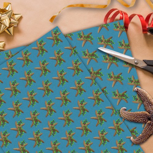 Starfish n Holly Deep Sea Blue Beach Christmas Tissue Paper