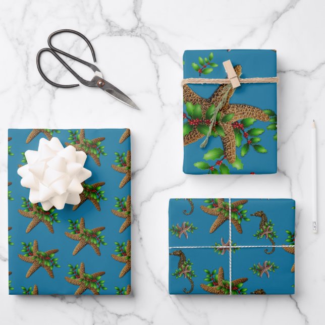 Starfish n Holly Sea Blue Beach Christmas Wrapping Paper Sheets (Front)
