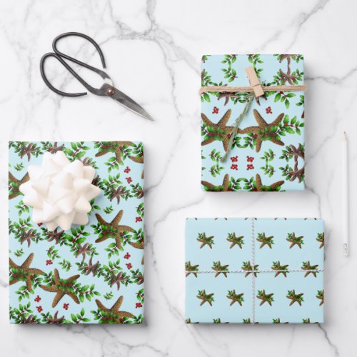 Starfish n Holly Tropical Christmas Pattern Blue Wrapping Paper Sheets