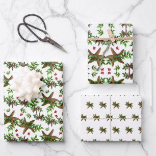 Starfish n Holly Tropical Christmas Pattern White Wrapping Paper Sheets