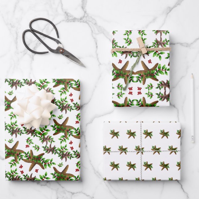 Starfish n Holly Tropical Christmas Pattern White Wrapping Paper Sheets (Front)