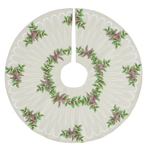 Starfish n Holly Wreath Natural Sand Color Brushed Polyester Tree Skirt