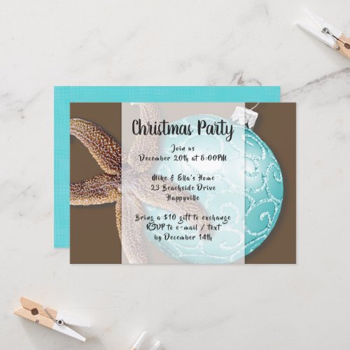 Starfish n Ornament Coastal Christmas Party Invite