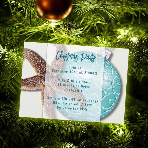 Starfish n Ornament Coastal Christmas Party Invite