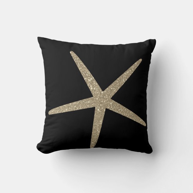 Starfish Nautical Beach Gold Glitter Black Elegant Throw Pillow (Front)