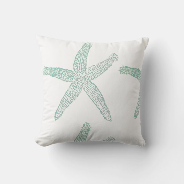 Starfish Nautical Beach Teal Seafoam Green Blue Outdoor Pillow (Front)