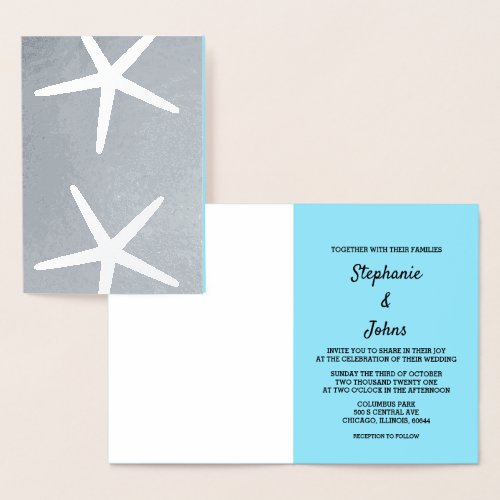Starfish Nautical Blue White Beach Weddings 2023 Foil Card