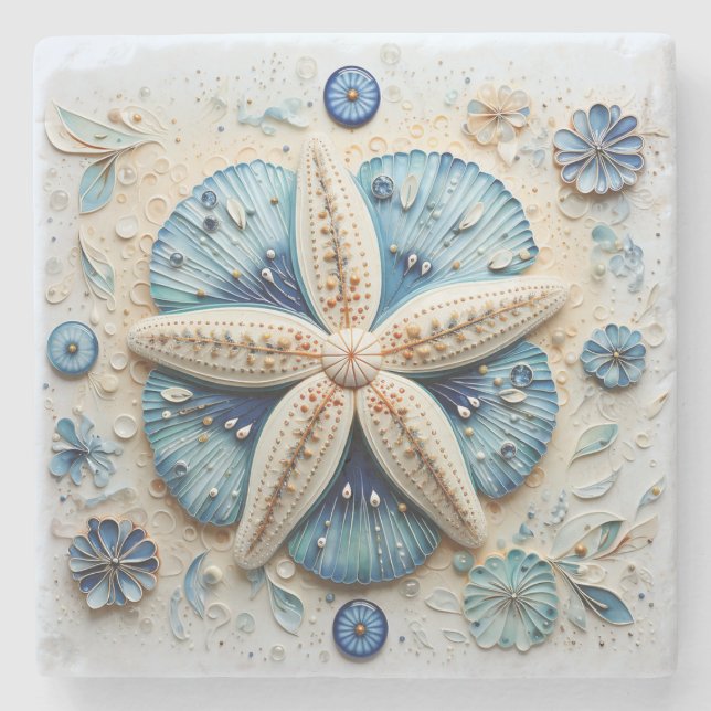 Starfish Nautical Coastal Beach Theme Stone Coaster (Front)
