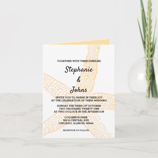 Starfish Nautical Peach Yellow Orange Cool Wedding Invitation (Front)