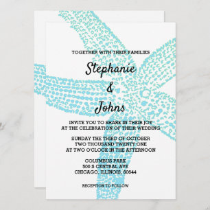 Starfish Nautical Teal Blue White Beach Wedding Invitation