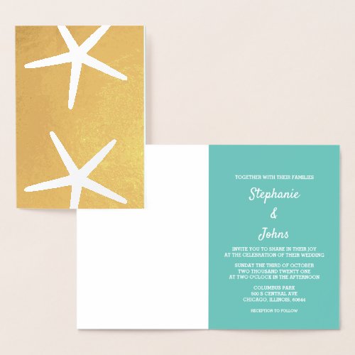 Starfish Nautical Teal White Beach 2023 Wedding Foil Card