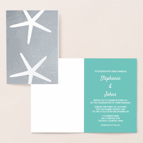 Starfish Nautical Teal White Beach Weddings 2023 Foil Card