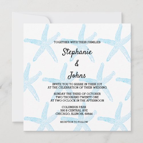 Starfish Nautical Wedding Blue Pattern White Beach Invitation
