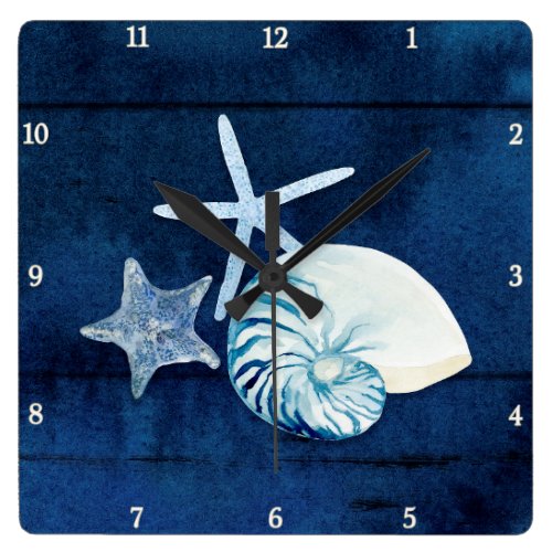 Starfish Nautilus Sea Watercolor Shells Beach Blue Square Wall Clock