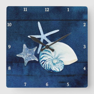 Starfish Nautilus Sea Watercolor Shells Beach Blue Square Wall Clock