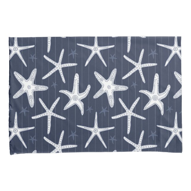 Starfish Navy Blue and White Patterned Coastal Pillow Case (Front-Right)